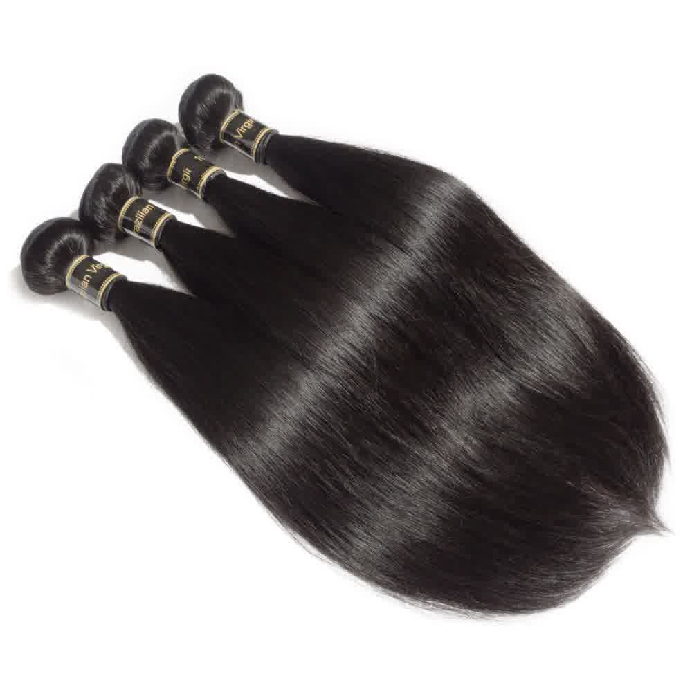 Straight Natural Black Virgin Hair with 4X4 Closure- Bundle of 4