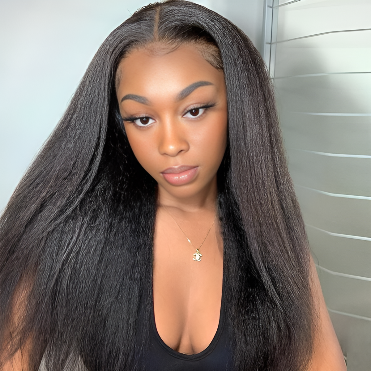 Kinky Straight Natural Black 13X6 - Frontal Glue less Wig